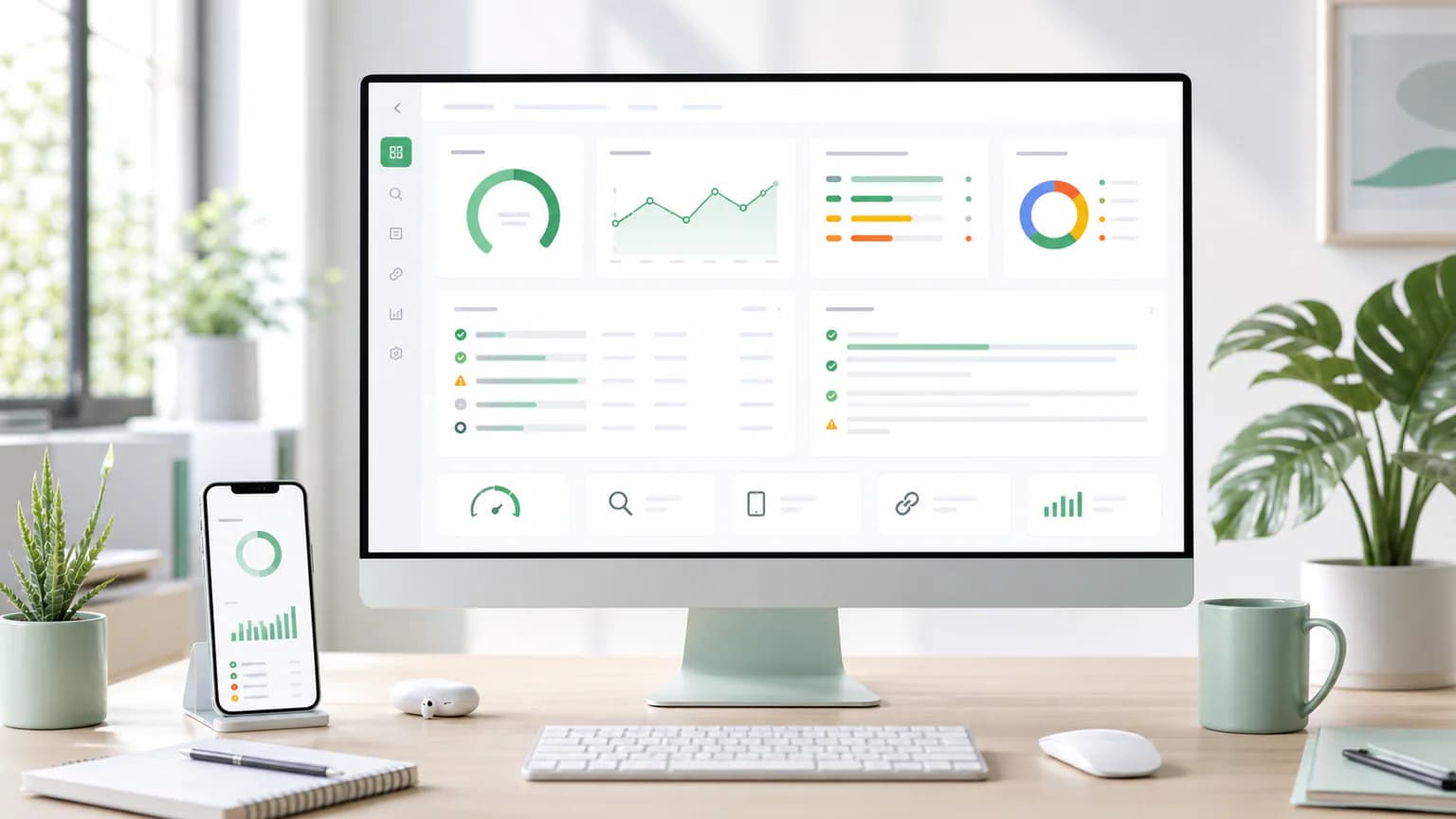 SEOBegin technical SEO audit workspace with charts and checks
